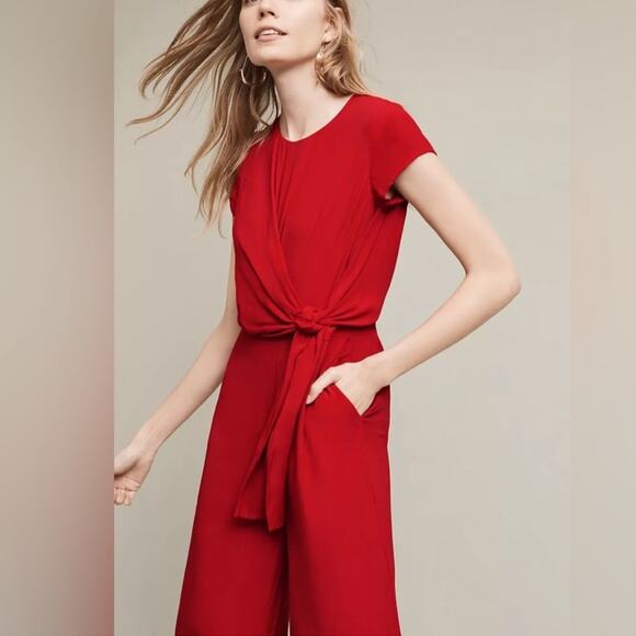 Maeve Anthropologie Grier Jumpsuit Red Crepe Rayon Cap Sleeves Tie Front Size 2P - Picture 12 of 13